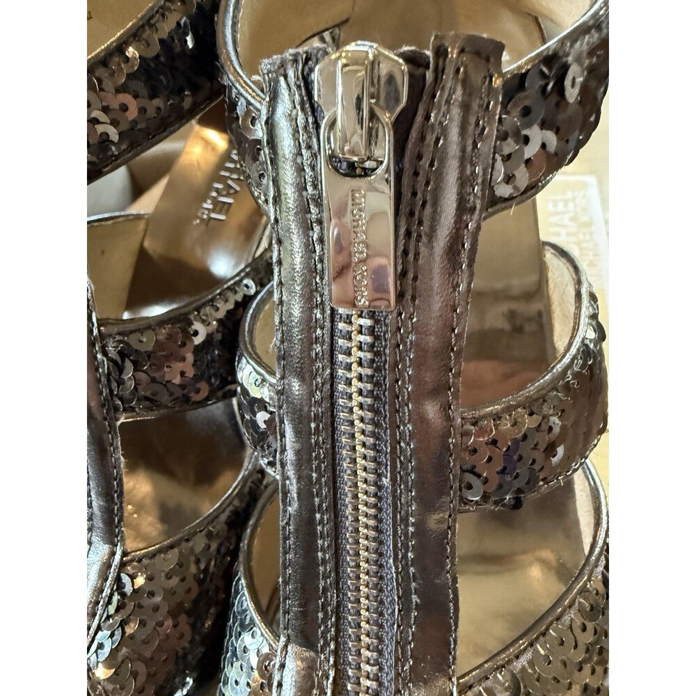 Michael Kors Berkley T Strap Sandals Size 6.5 Leather Gunmetal Silver Sequins - Picture 8 of 8